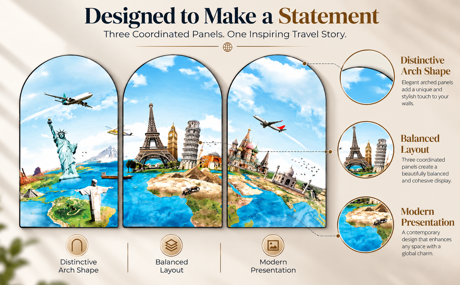 Designed to Make a Statement complete three-panel World Travel Landmark arched artwork product design banner