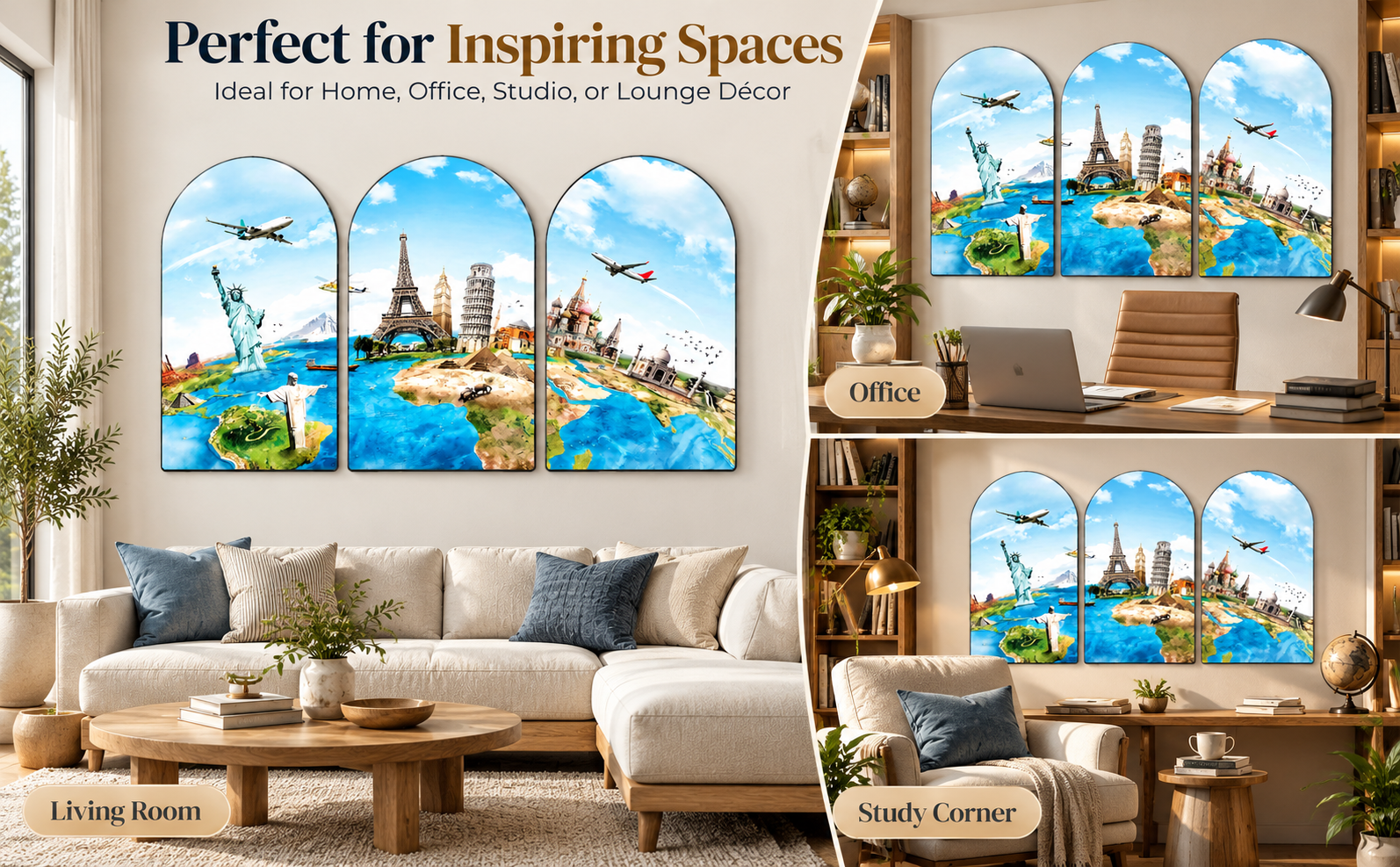 Perfect for Inspiring Spaces lifestyle collage showing World Travel Landmark arched paintings in living room office and study corner