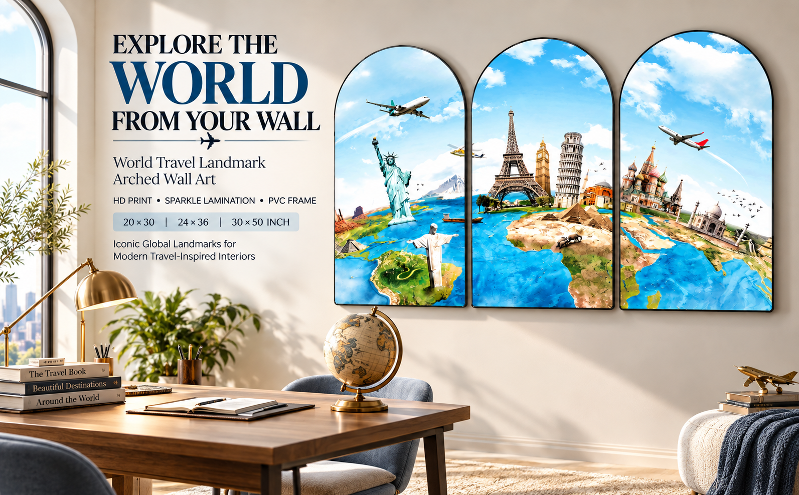 World Tour Landmark and Travel Composition Set of 3 Arched Wall Paintings banner