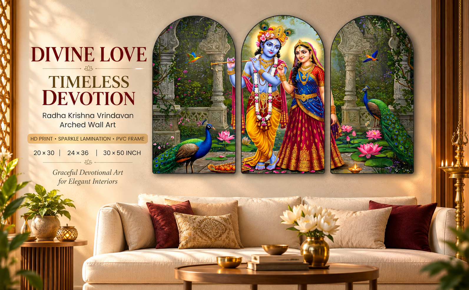 Radha Krishna Vrindavan Garden with Peacocks wall painting banner