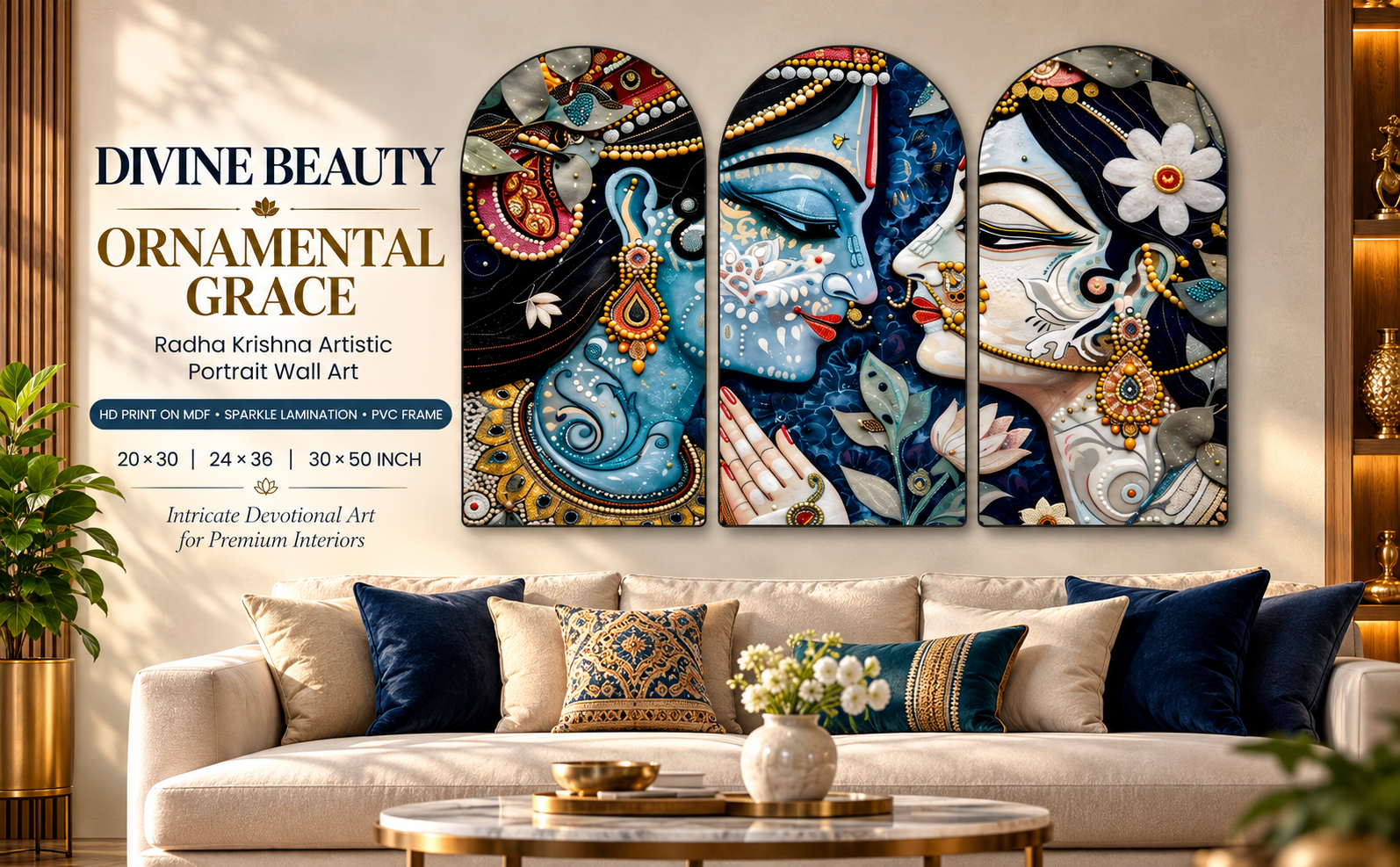 Ornamental Radha Krishna Close-Up Portrait wall painting banner
