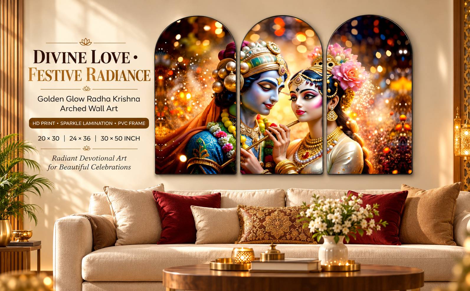 Festive Golden Glow Radha Krishna wall painting banner
