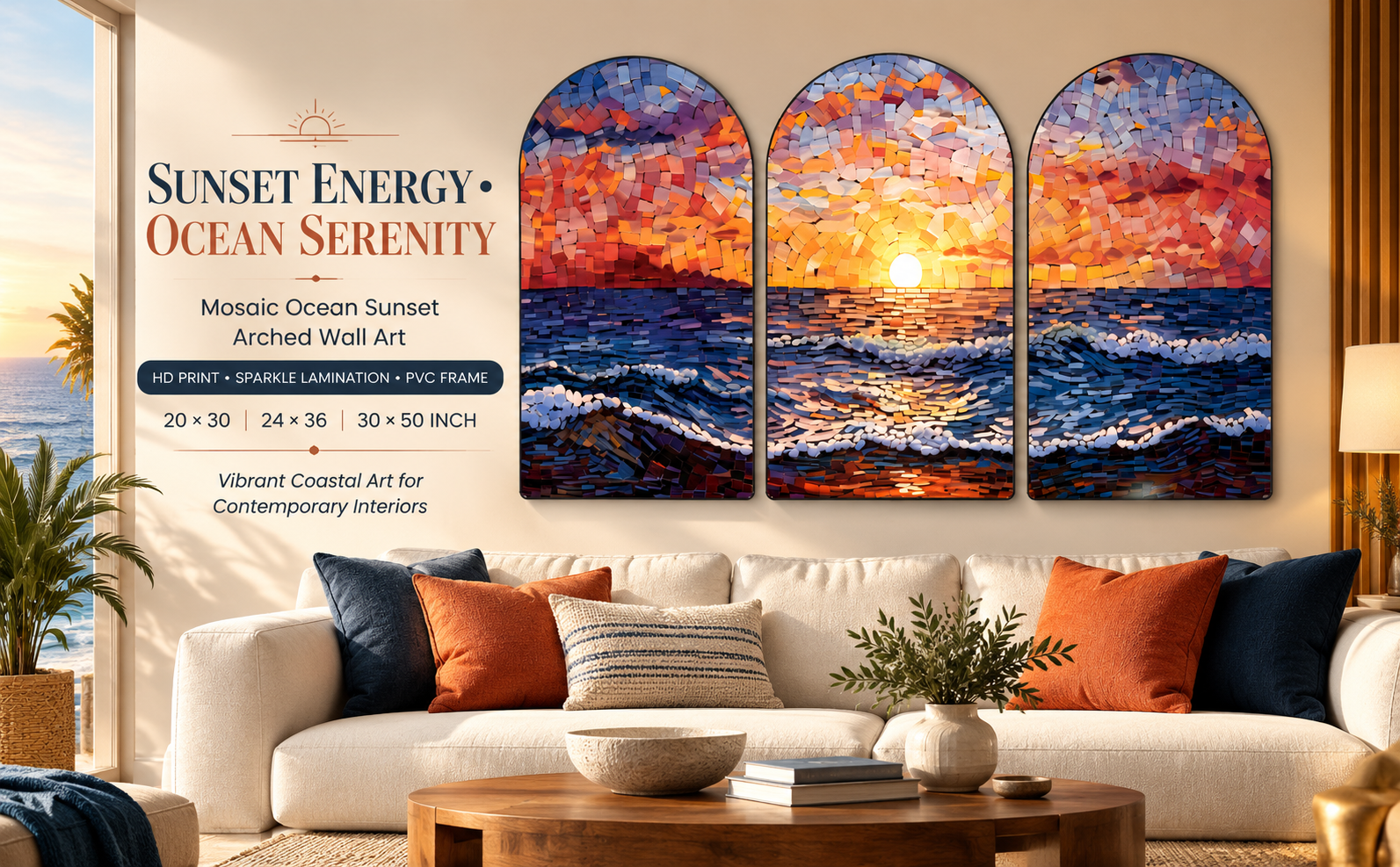 Mosaic Ocean Sunset Set of 3 Arched Abstract Nature Wall Paintings banner