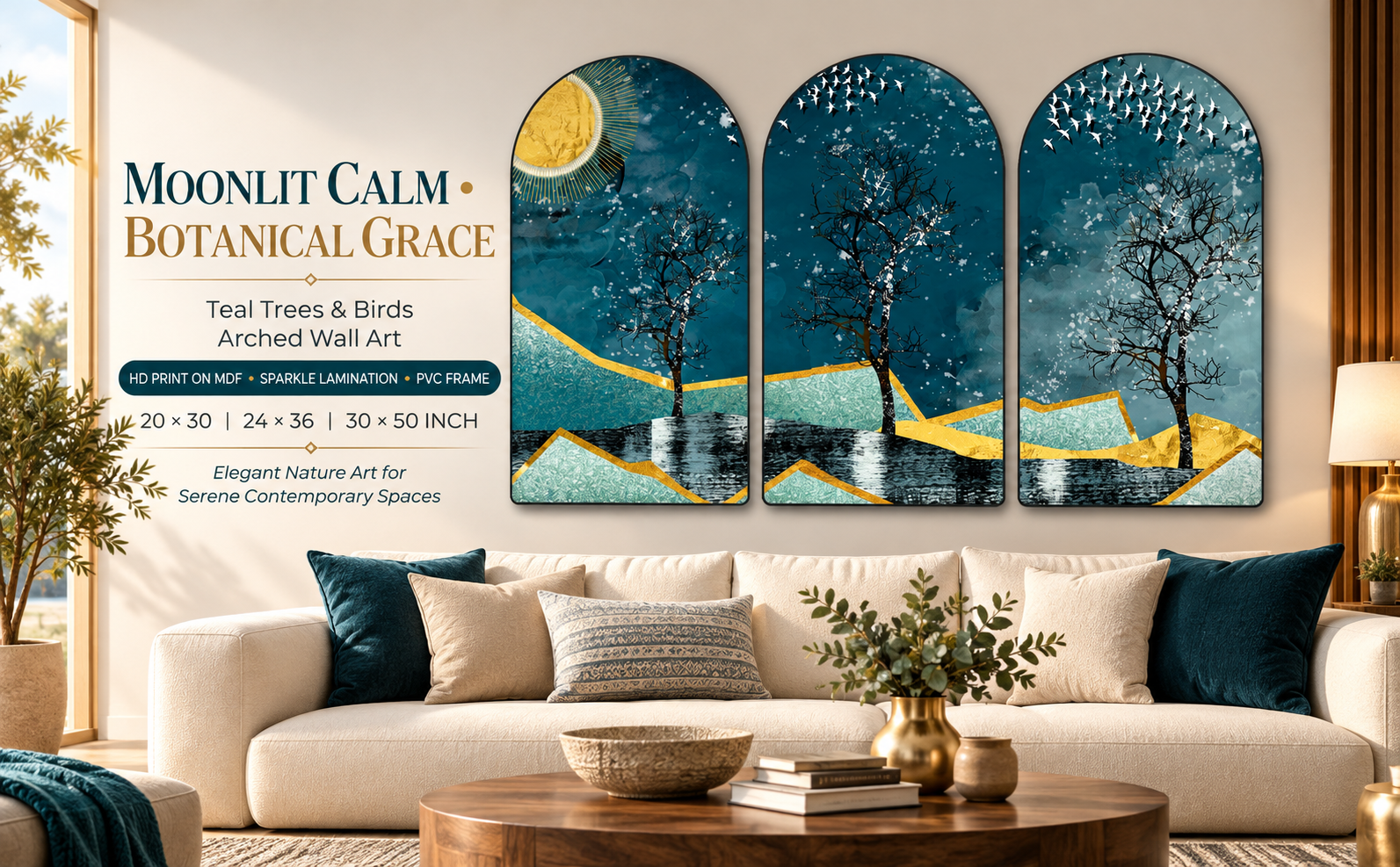 Teal Moonlit Trees and Birds Set of 3 Arched Abstract Nature Wall Paintings banner