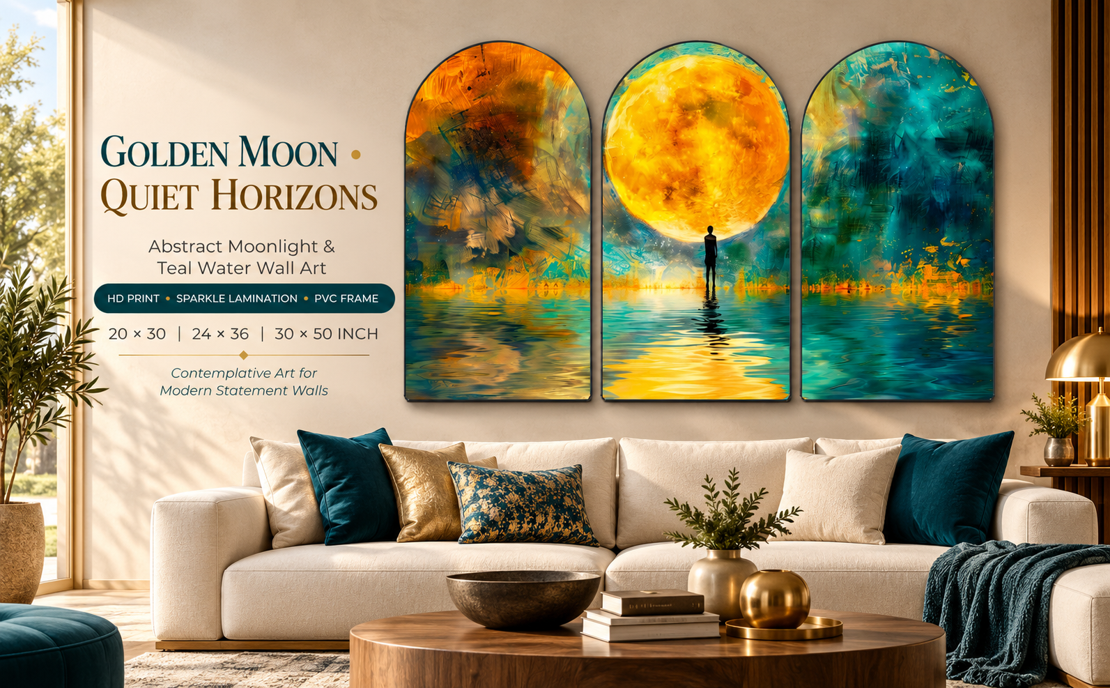 Golden Moon Over Teal Water Set of 3 Arched Abstract Nature Wall Paintings banner