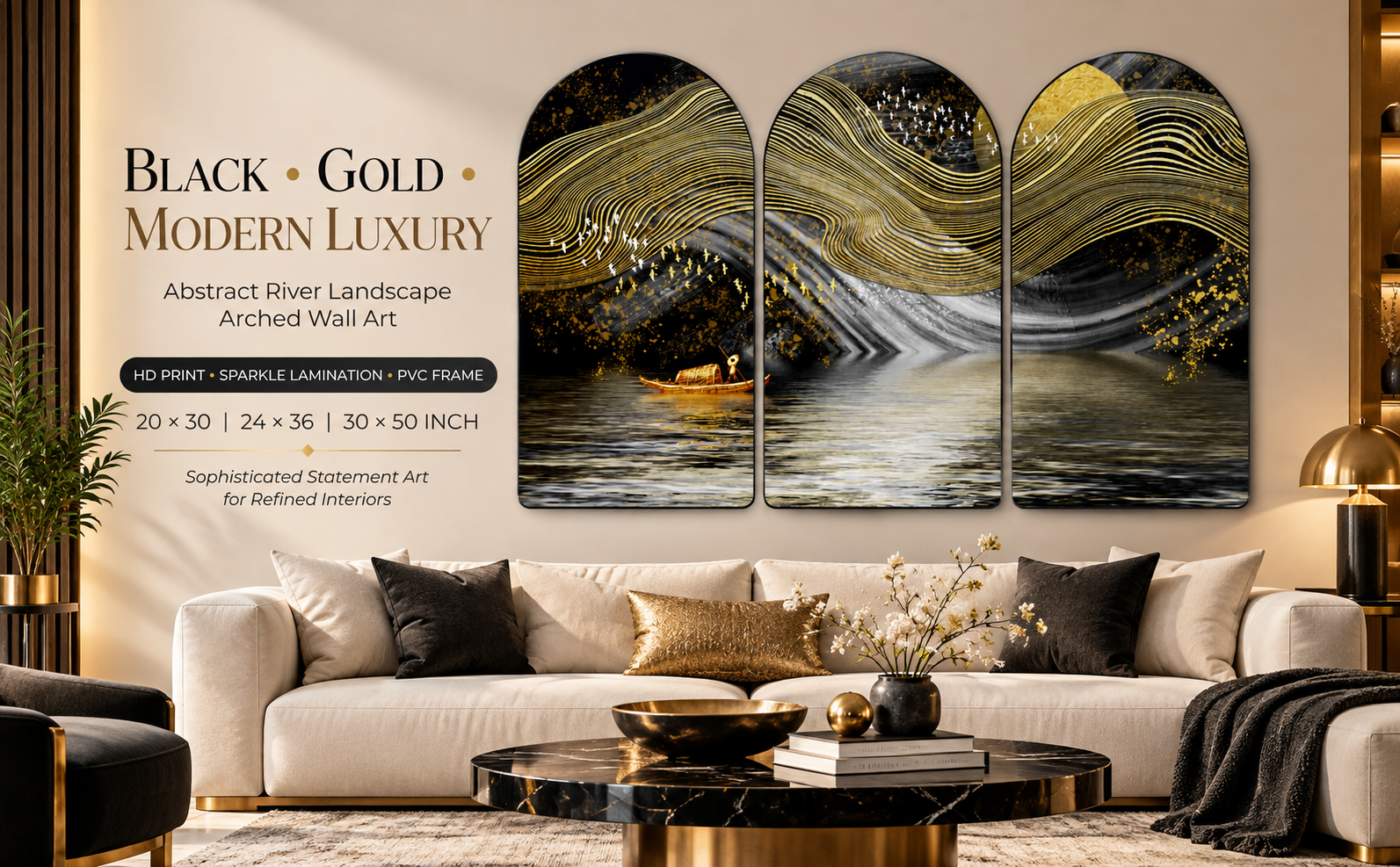 Black and Gold Abstract River Landscape Set of 3 Arched Wall Paintings banner
