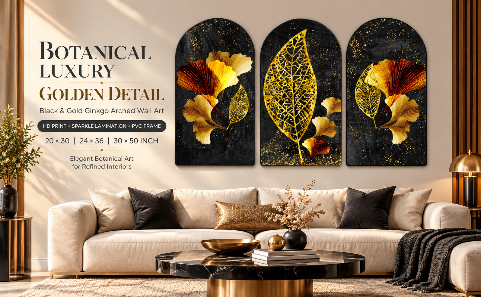 Black and Gold Ginkgo Floral Art Set of 3 Arched Wall Paintings banner