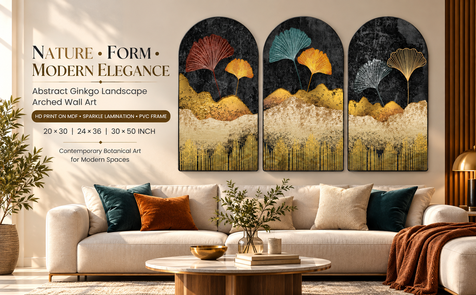 Abstract Ginkgo Botanical Mountain Landscape Set of 3 Arched Wall Paintings banner