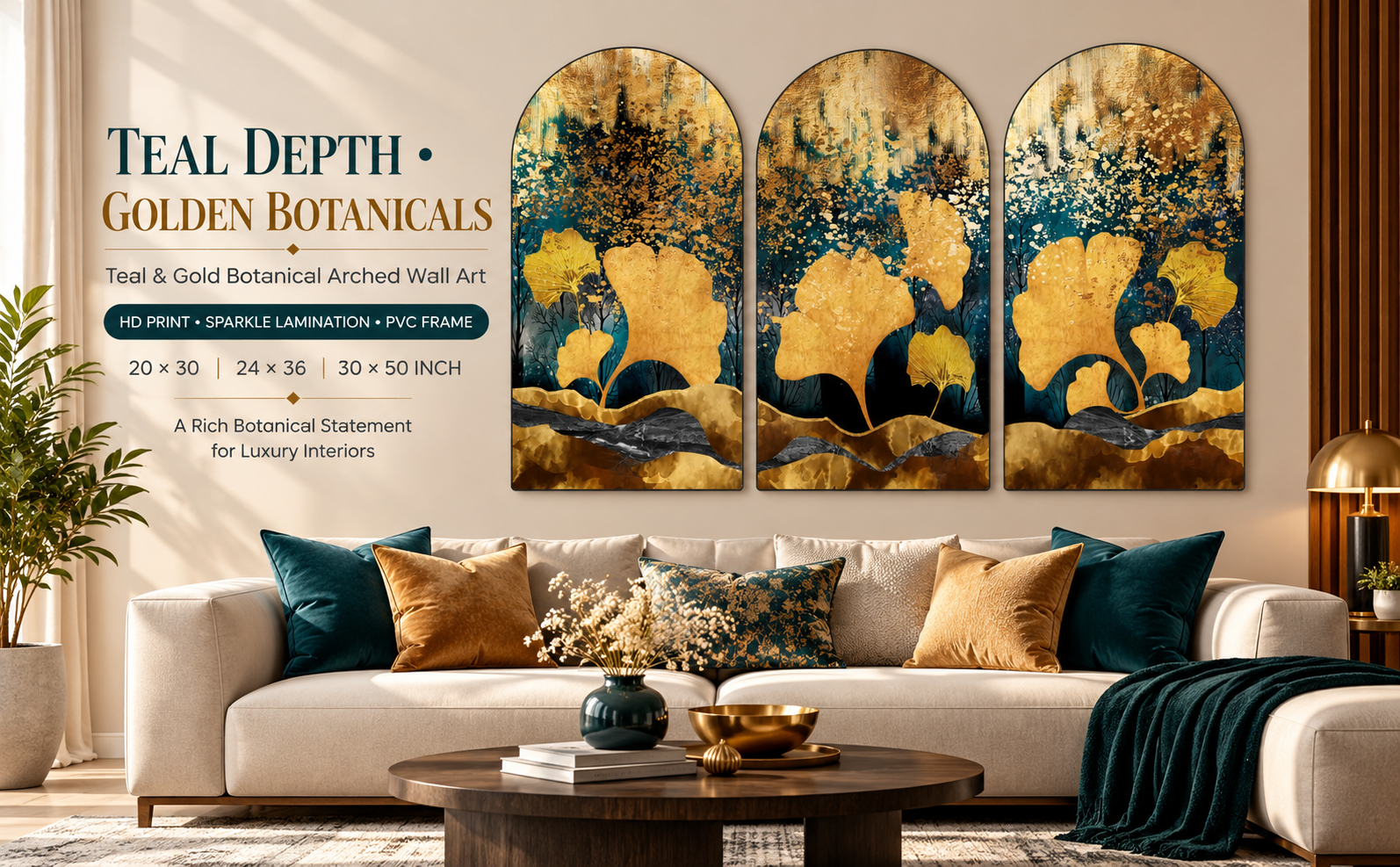 Teal and Golden Botanical Abstract Landscape Set of 3 Arched Wall Paintings banner