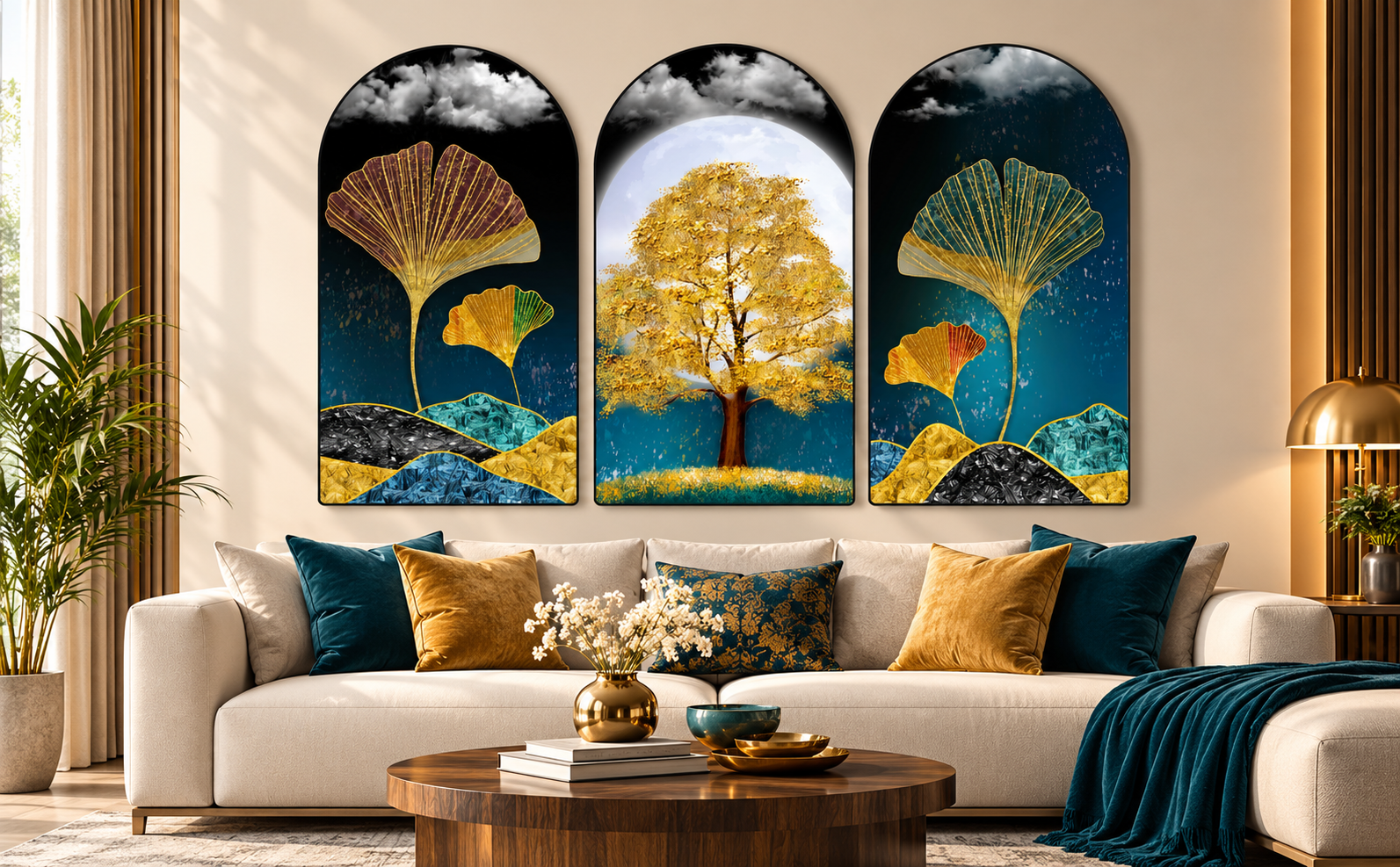 Golden Tree Moon and Ginkgo Landscape Set of 3 Arched Wall Paintings banner