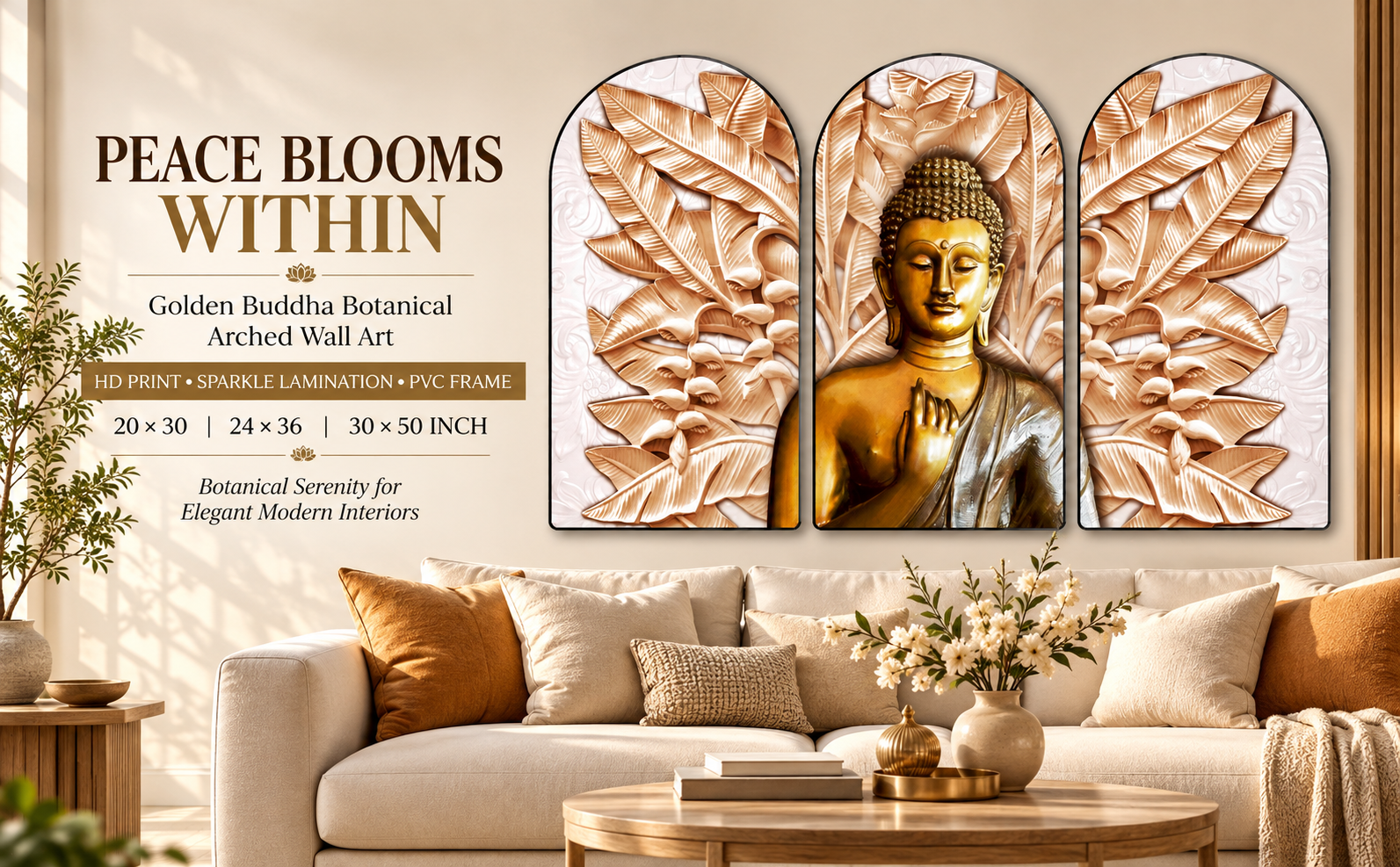 Golden Buddha Botanical Leaves wall painting banner
