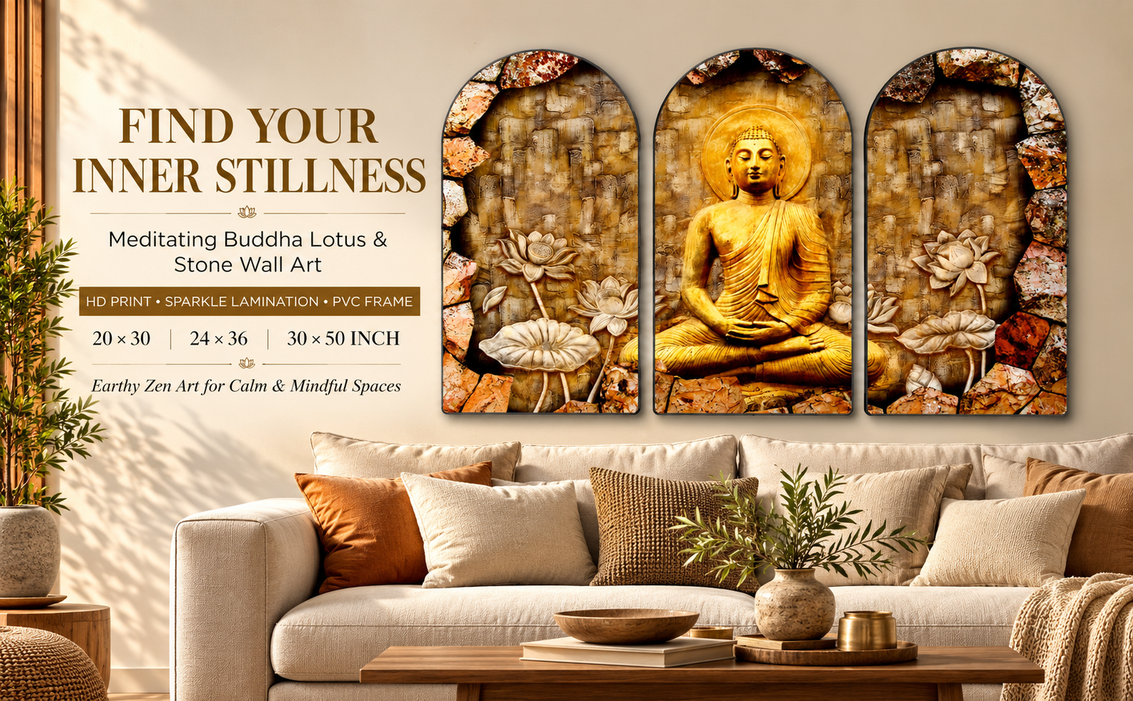 Meditating Buddha Lotus and Stone wall painting banner