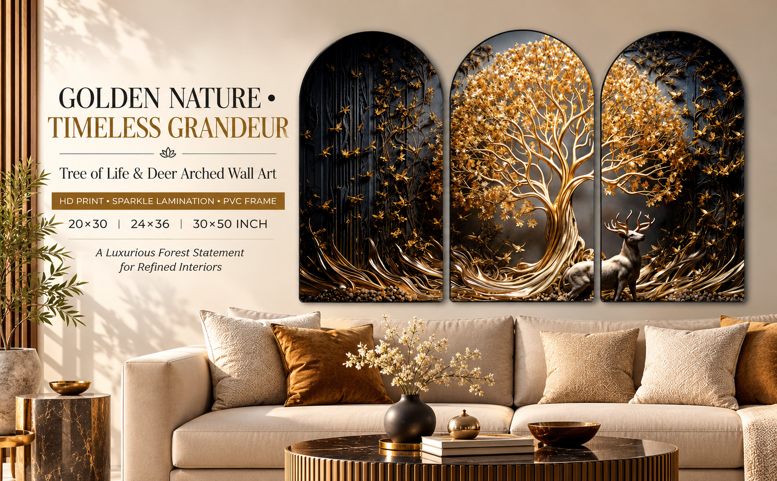 Golden Tree of Life with Deer and Birds wall painting banner