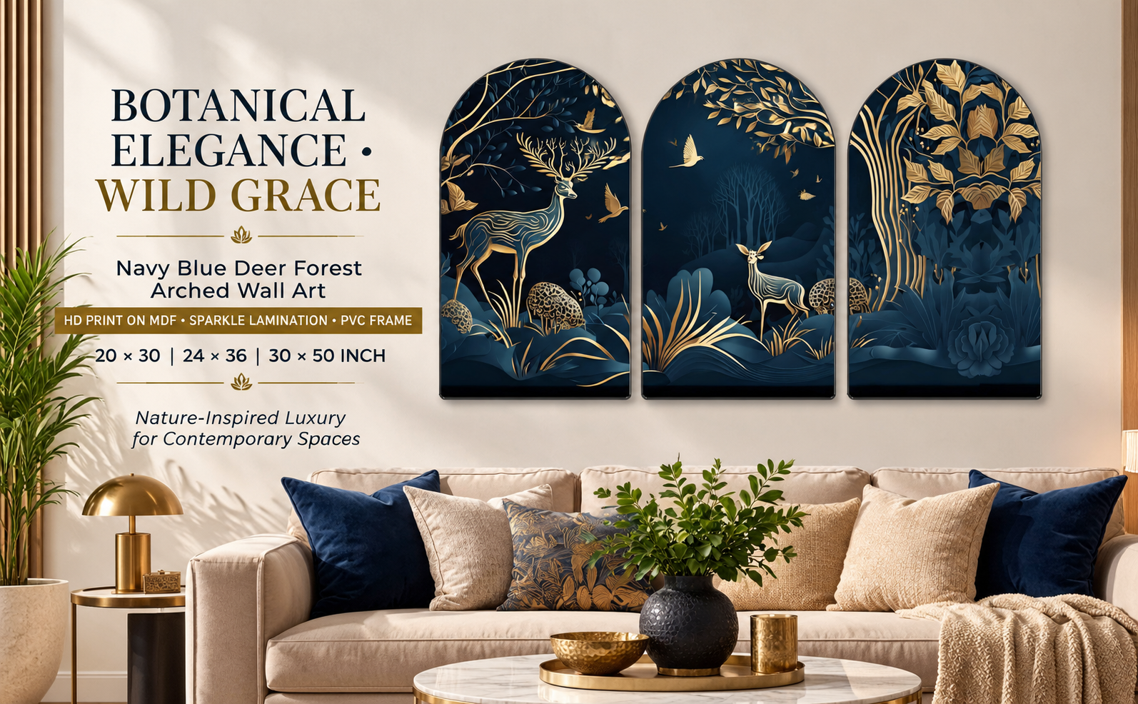 Navy Blue Botanical Deer Forest wall painting banner