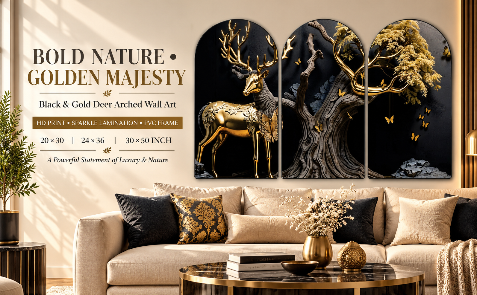 Black and Gold Deer with Sculptural Tree wall painting banner