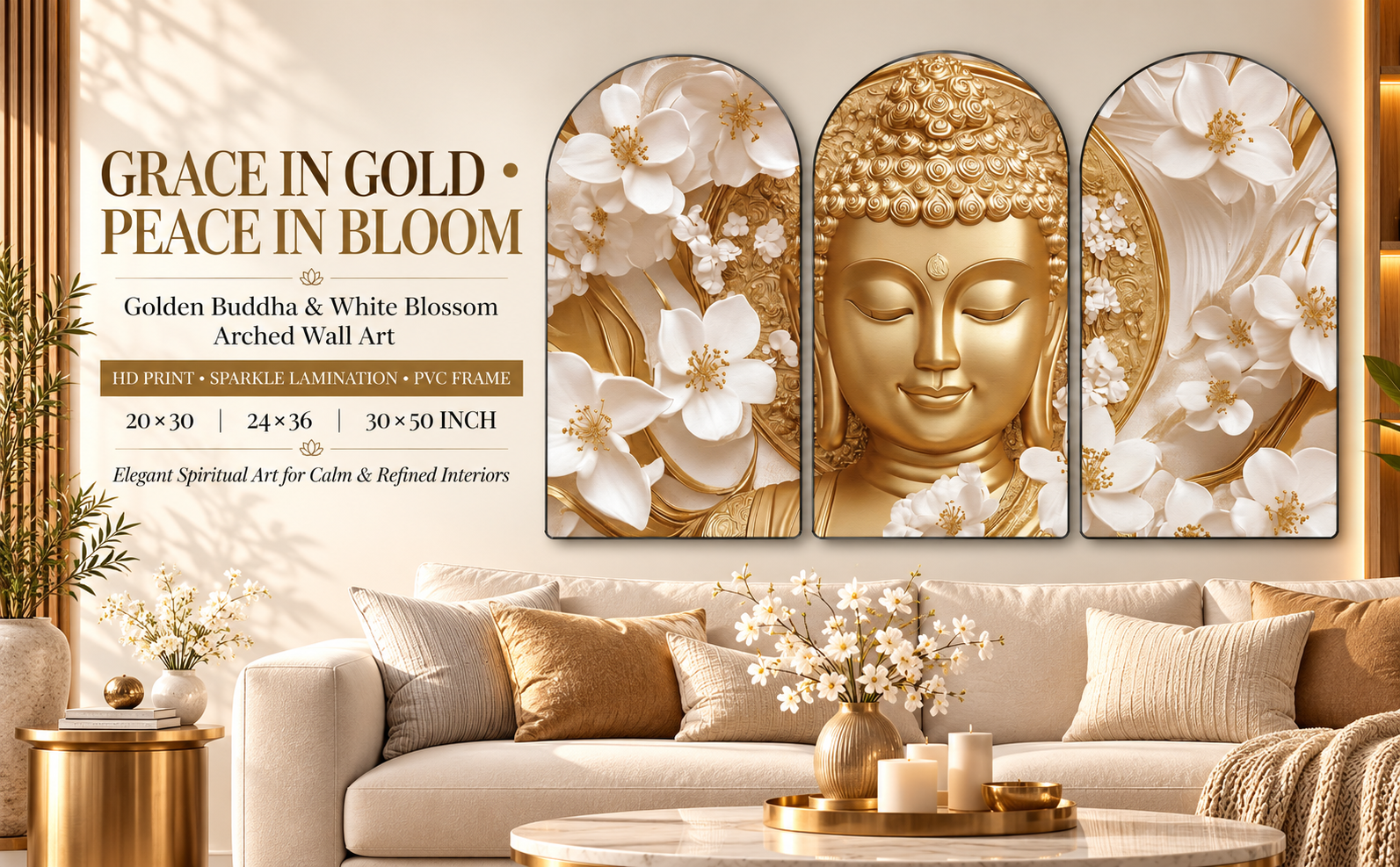 Golden Buddha with White Blossoms wall painting banner