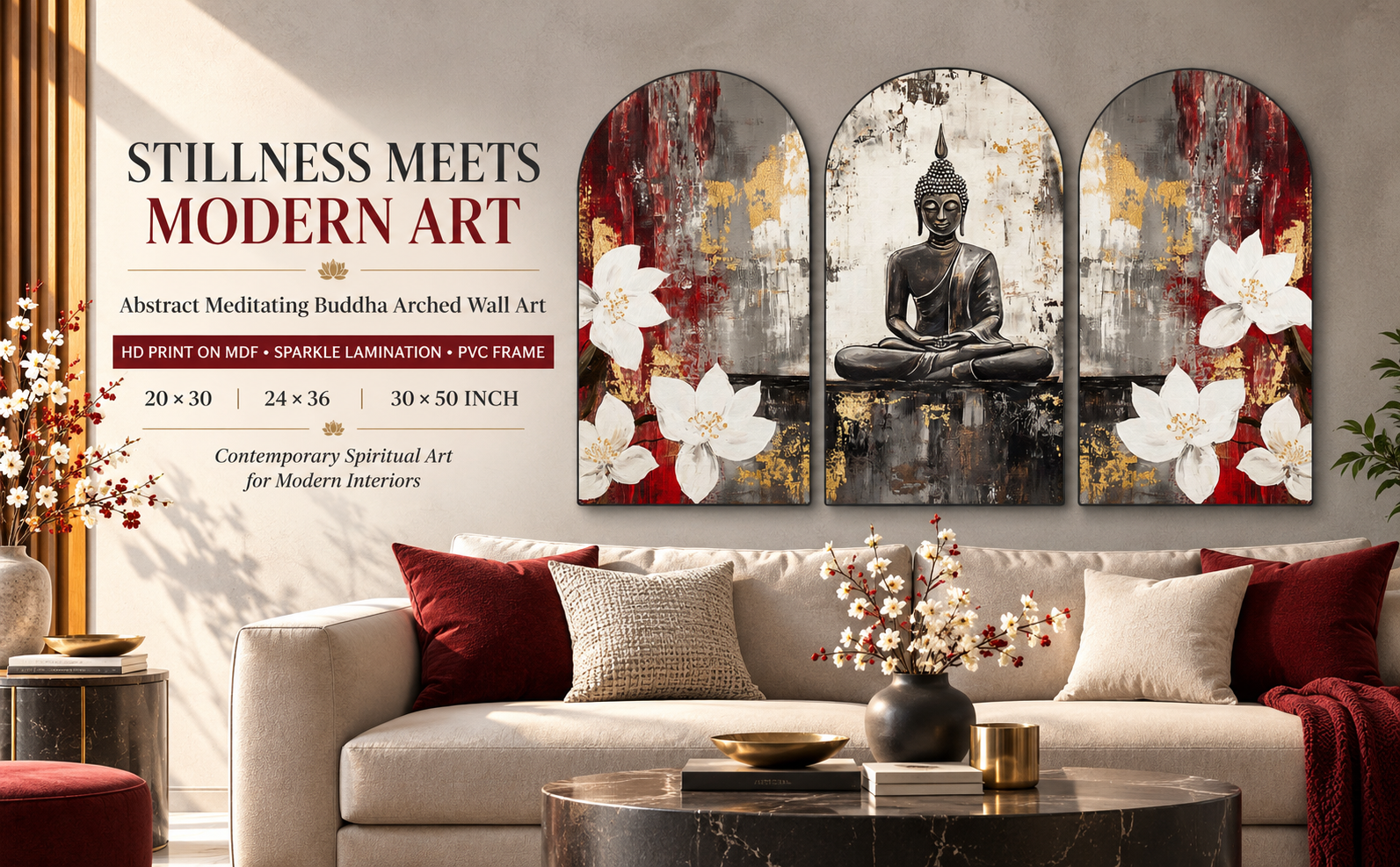 Abstract Meditating Buddha with White Flowers wall painting banner