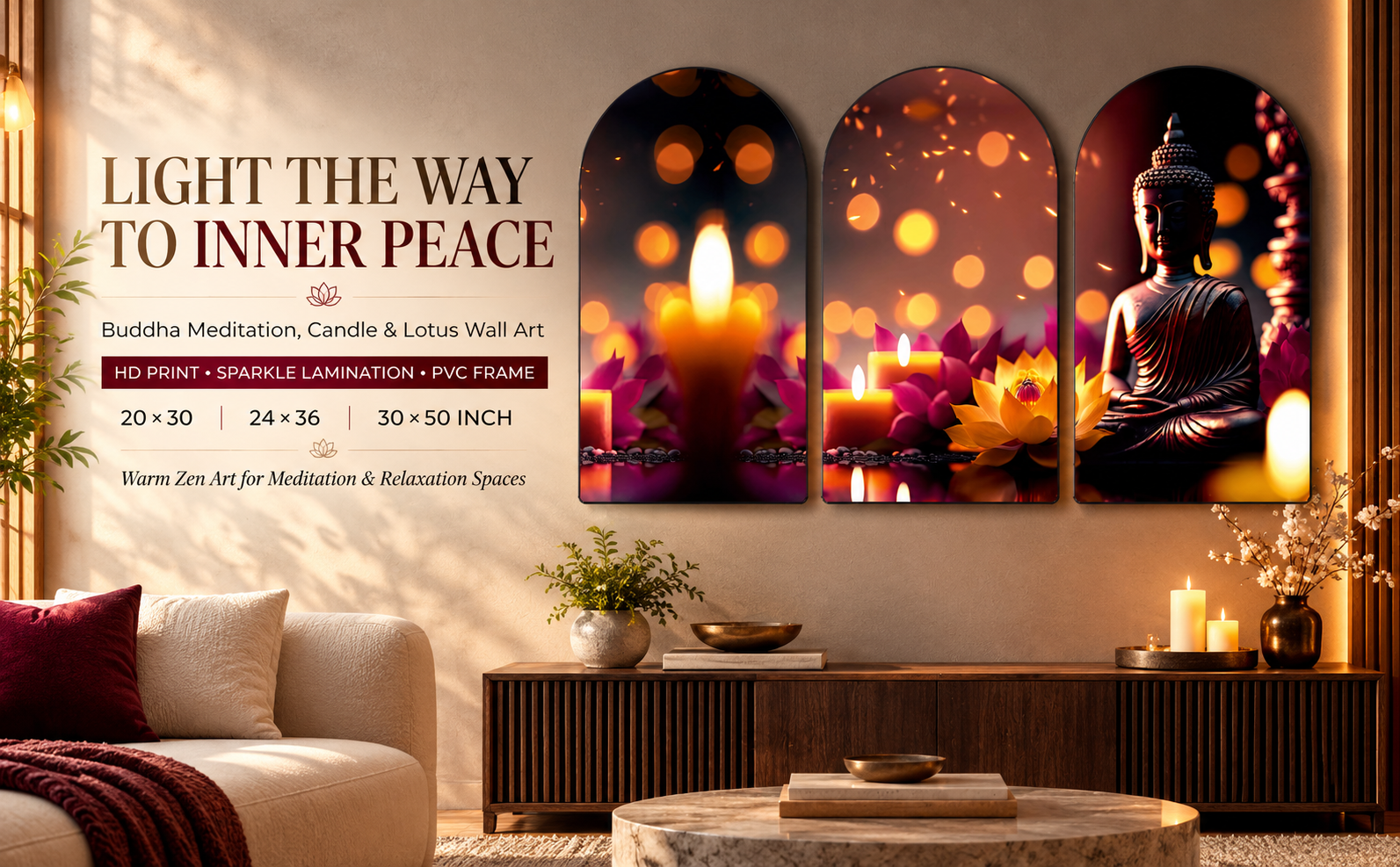 Buddha Meditation with Candles and Lotus wall painting banner