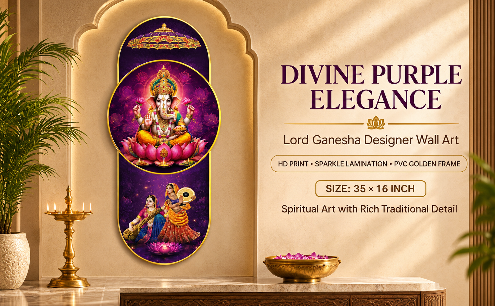 Purple Lotus Ganesha and Saraswati designer wall painting banner