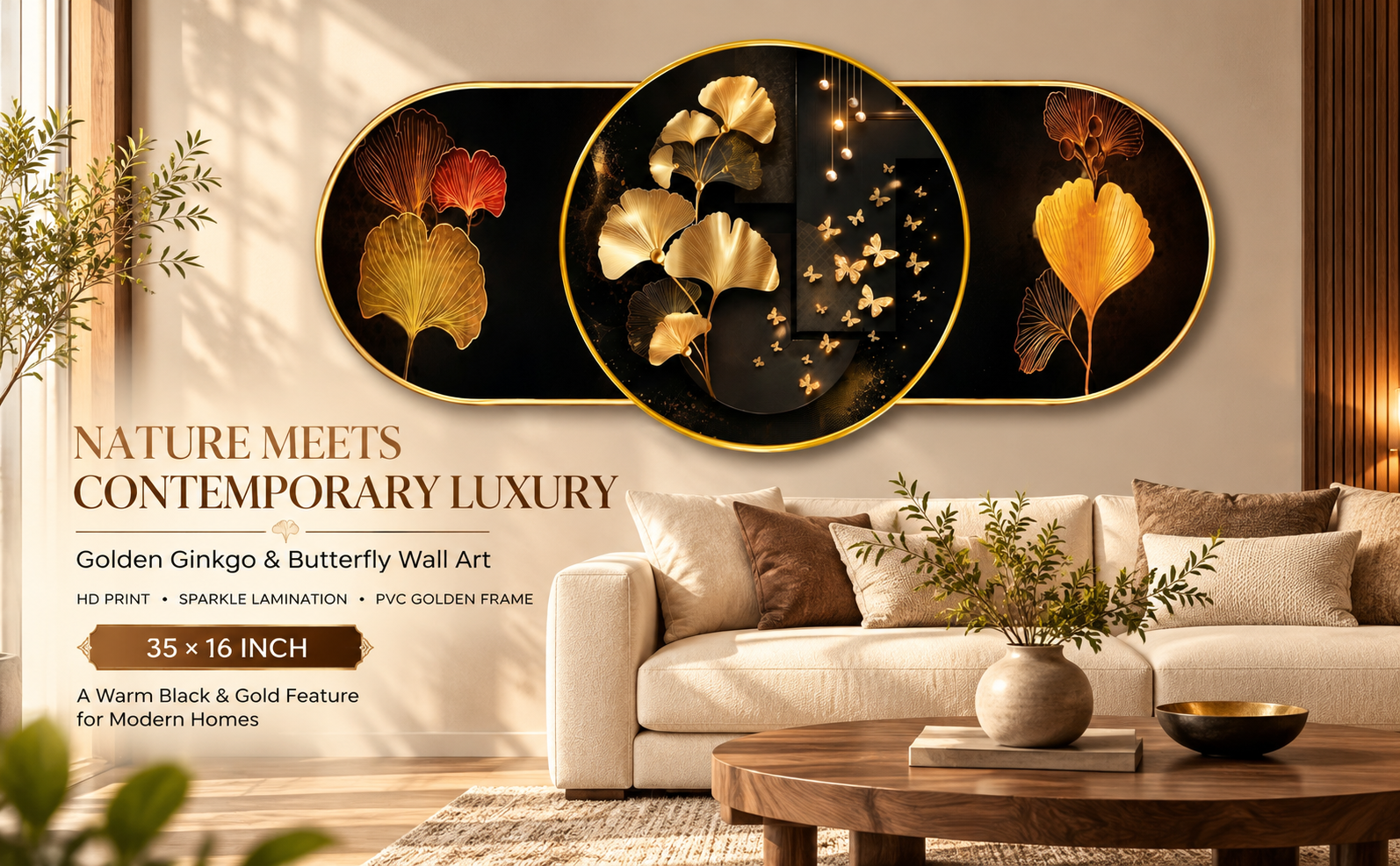 Golden Ginkgo Leaves and Butterfly Art designer wall painting banner