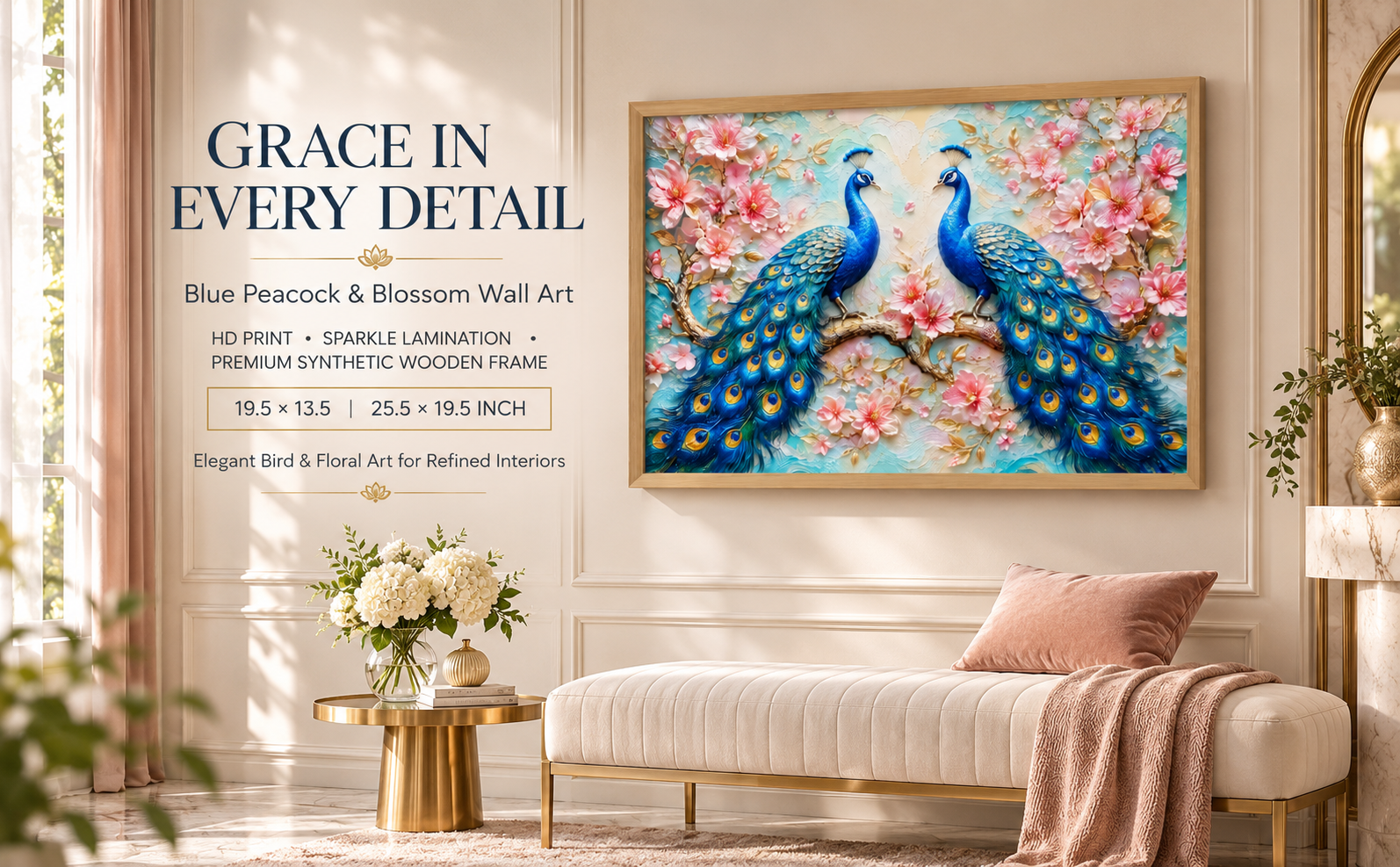 Blue Peacock Couple with Pink Blossoms Wall Painting banner