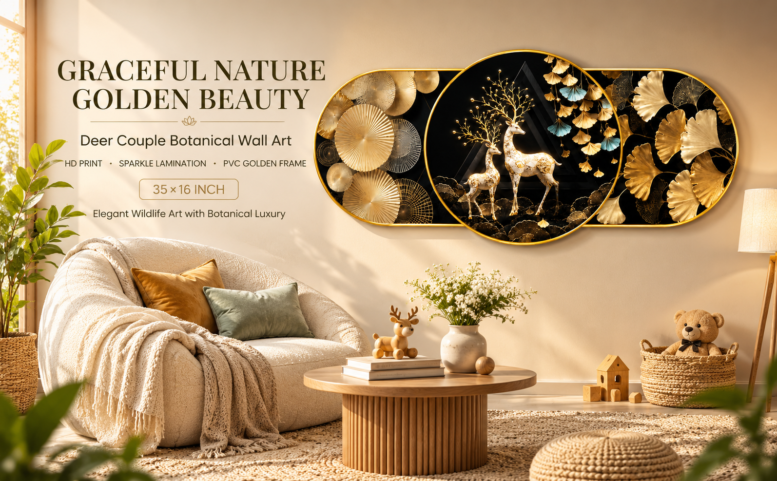 Black Gold Deer Couple Botanical Designer Wall Painting banner