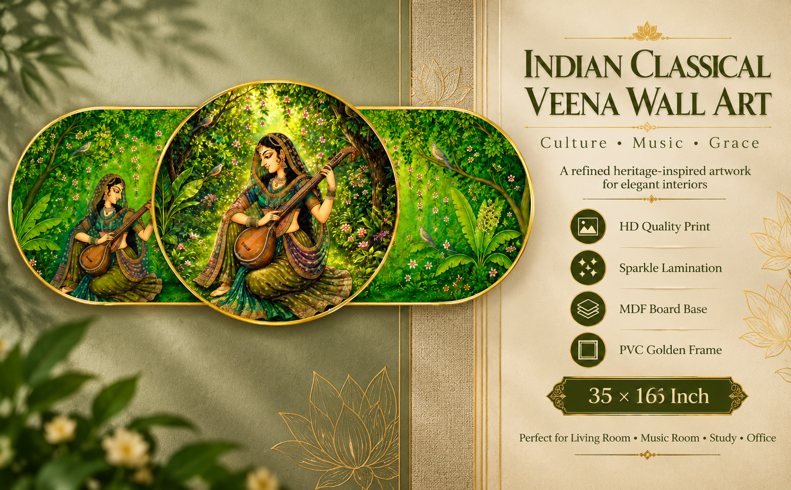 Indian Classical Veena Woman in Botanical Garden designer wall painting banner