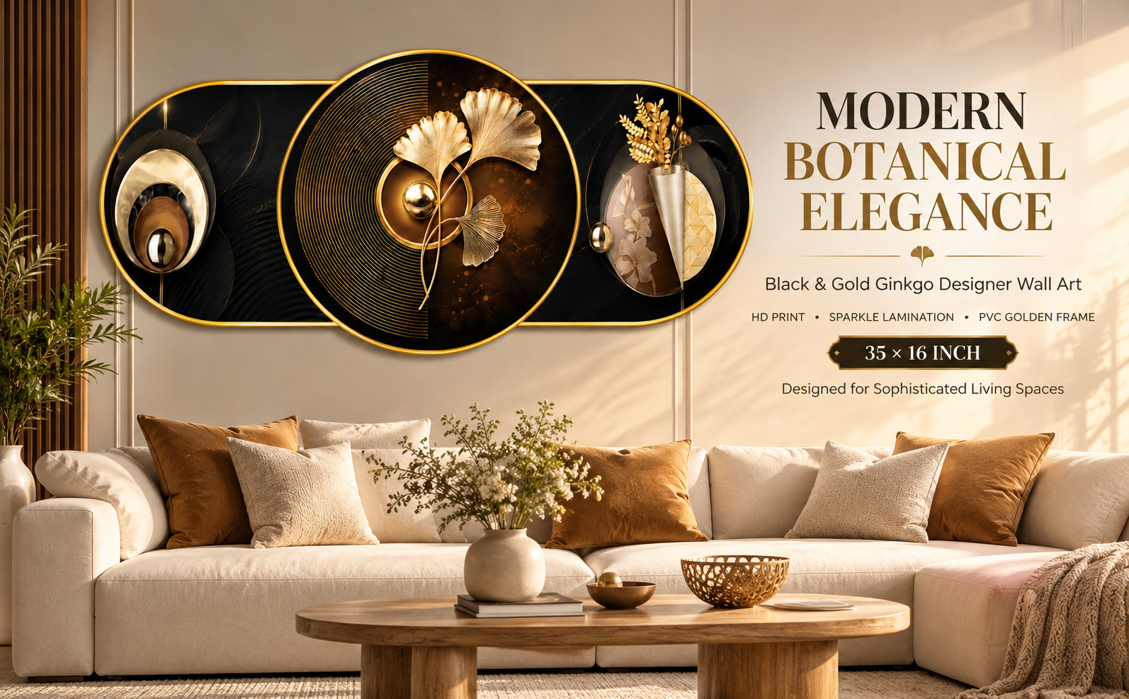 Golden Ginkgo and Circular Abstract Art designer wall painting banner