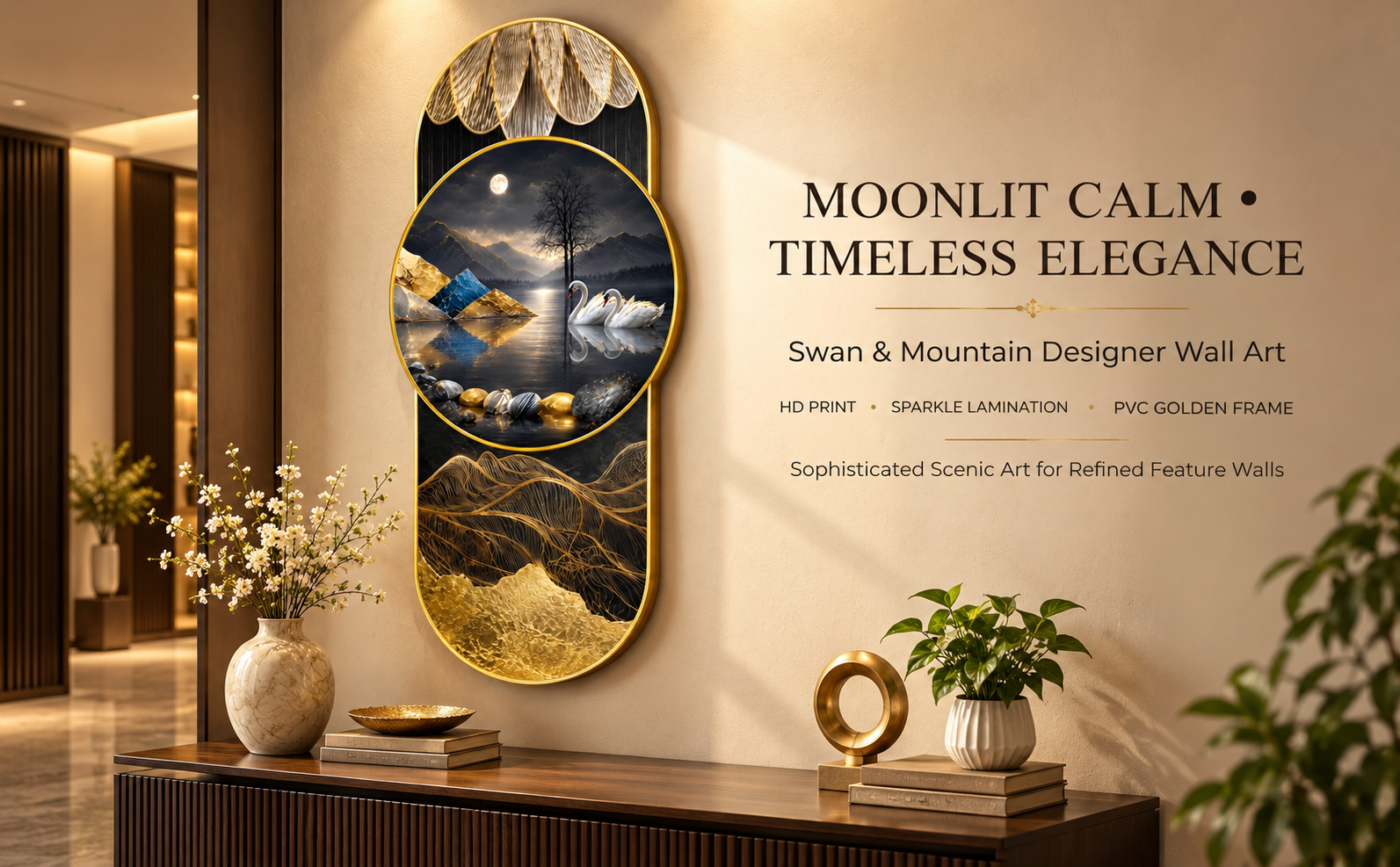 Moonlight Swan Mountain Landscape Designer Wall Painting banner