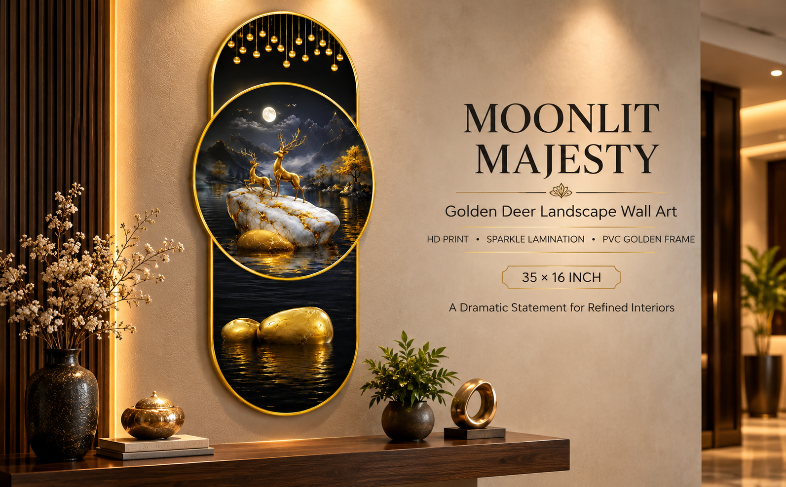 Golden Deer Moonlight Mountain Landscape Designer Wall Painting banner