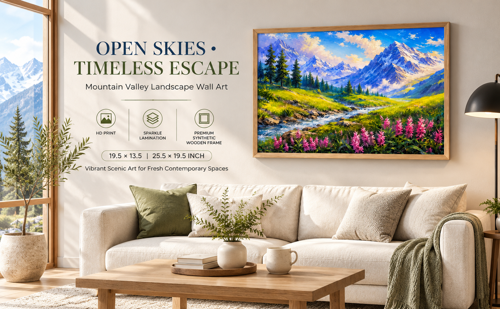 Mountain Valley with Stream and Wildflowers Nature Wall Painting banner