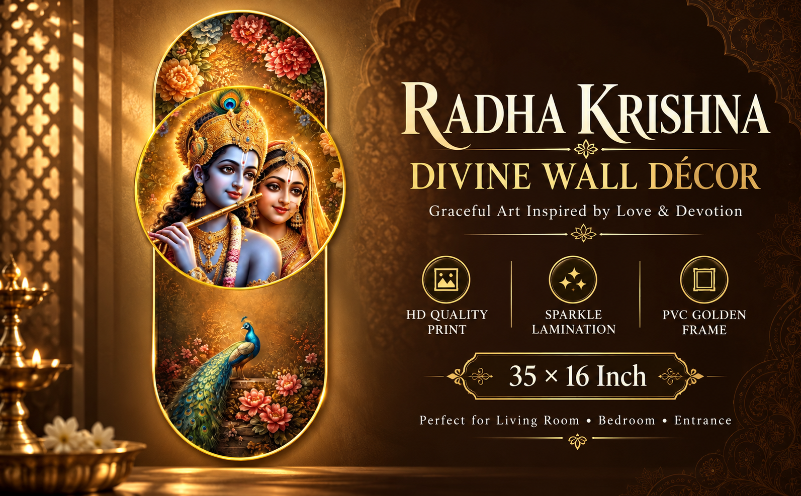 Radha Krishna with Flute and Peacock designer wall painting banner