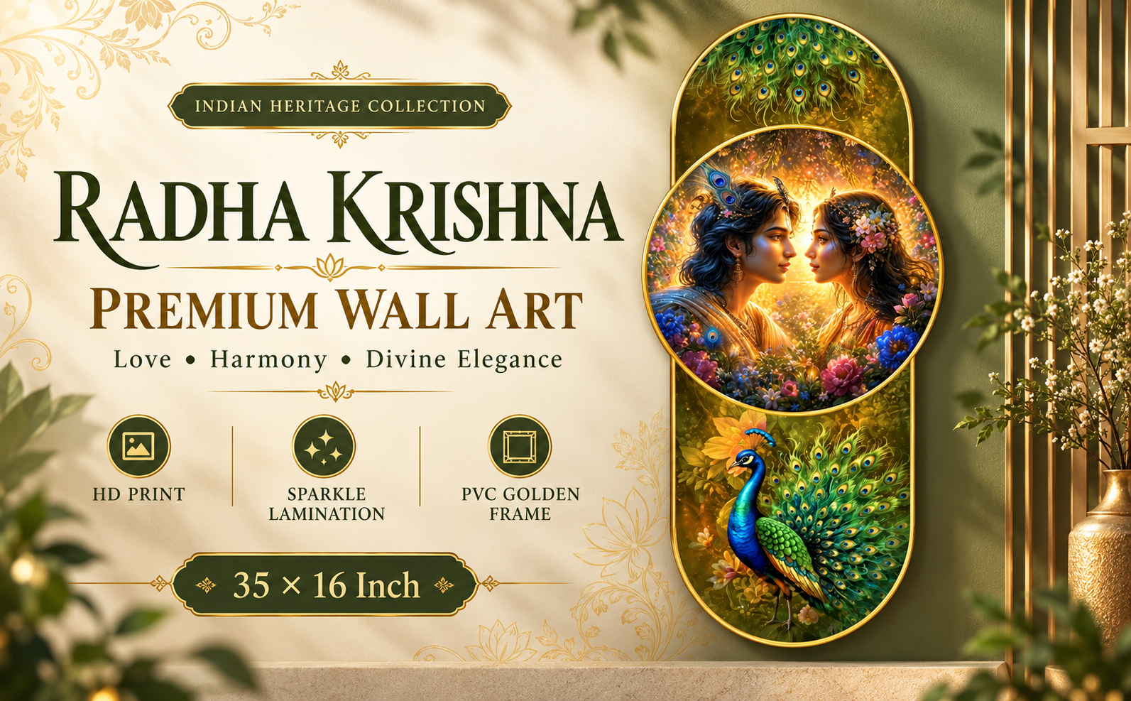 Radha Krishna Romantic Peacock Garden designer wall painting banner