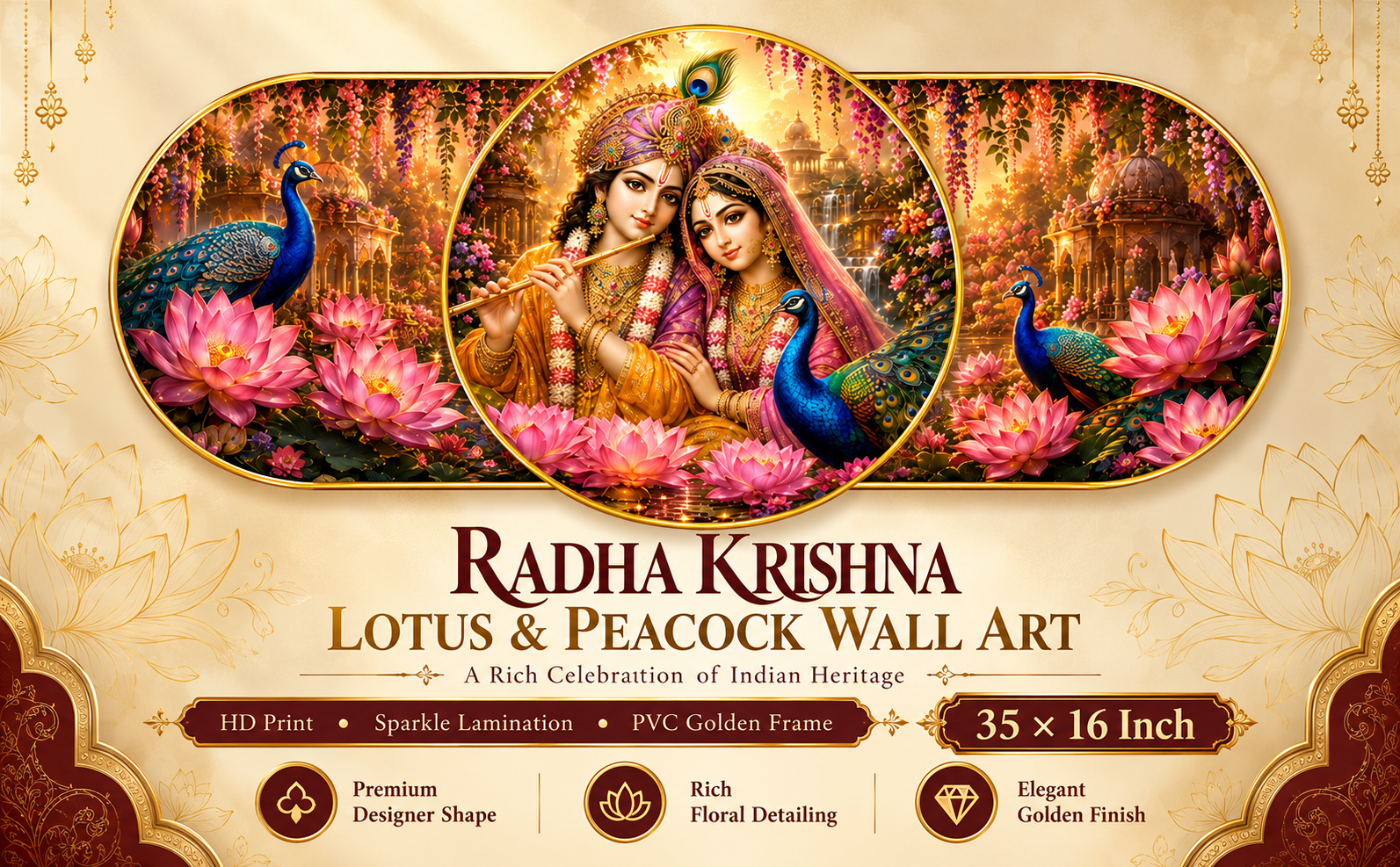 Radha Krishna Lotus and Peacock Garden designer wall painting banner