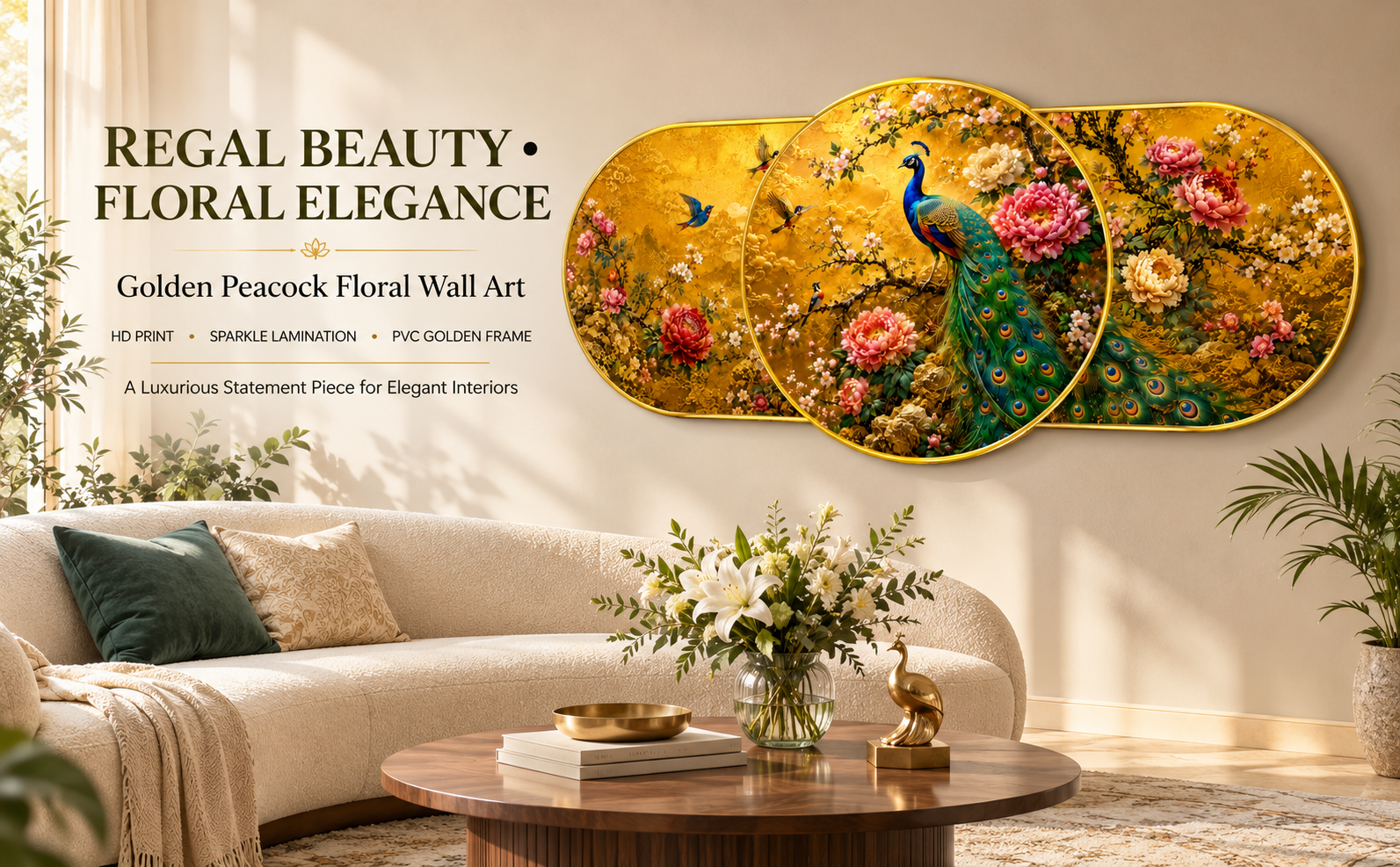 Golden Peacock Floral Garden Luxury Designer Wall Painting banner
