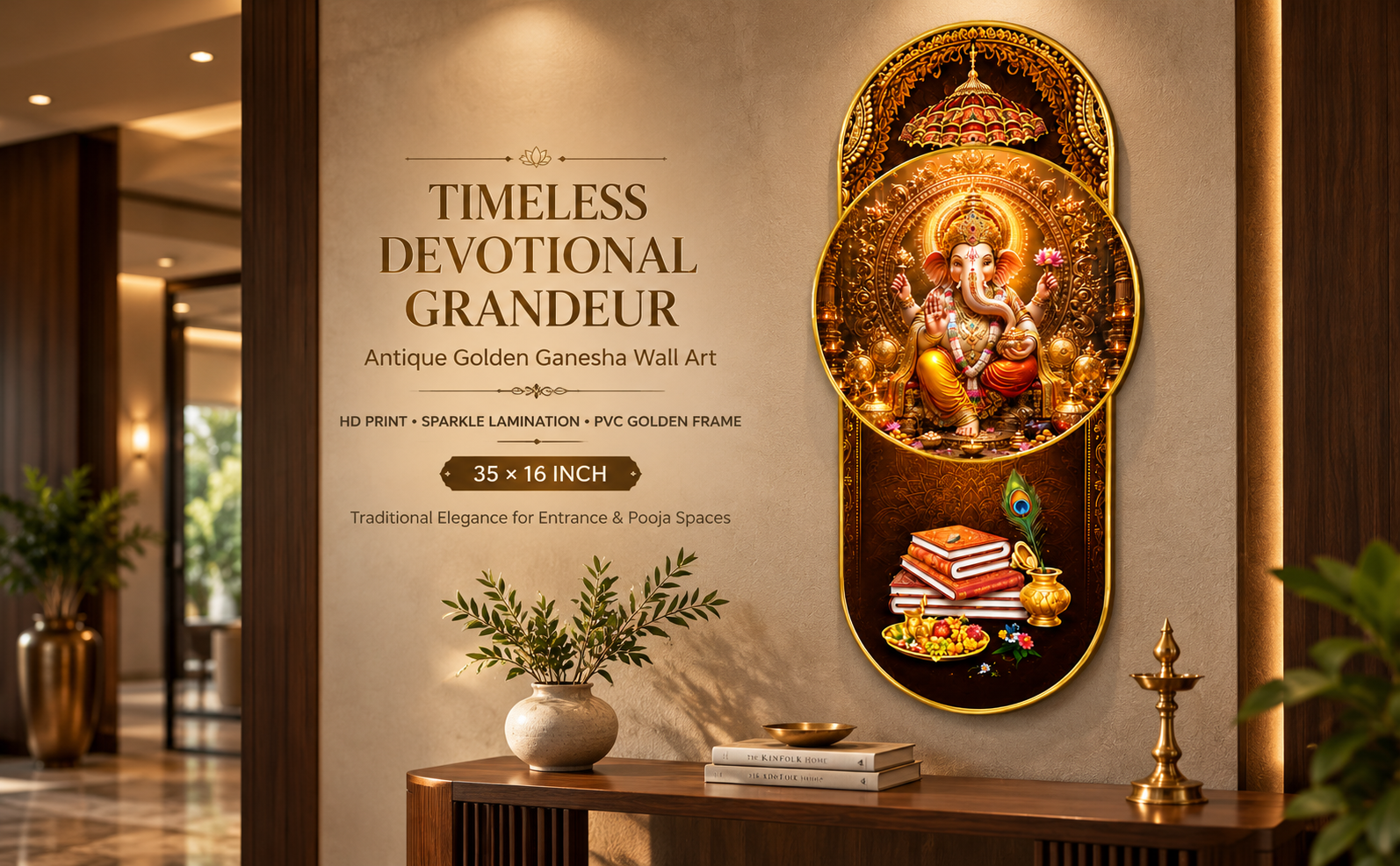 Antique Golden Ganesha with Books designer wall painting banner