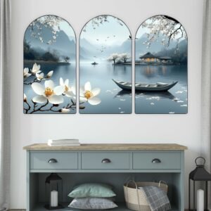 Set of 3 Arched Magnolia Lake & Mountain Wall Paintings | HD Print on MDF Board with Sparkle Lamination & PVC Frame for Living Room Bedroom Office