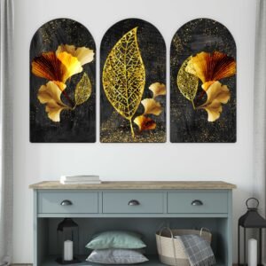 Set of 3 Arched Botanical & Abstract Ginkgo Leaf Wall Paintings Collection | HD Print on MDF Board with Sparkle Lamination & PVC Frame for Living Room Bedroom Office